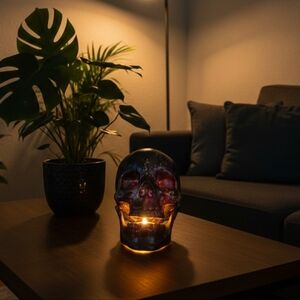 HANDCRAFTED Upcycled Plastic Skull Head HANDPAINTED Tabletop Art Decor Halloween